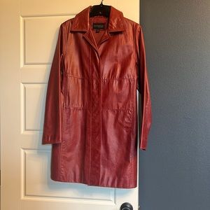 Red knee length leather coat. Express brand size 3/4